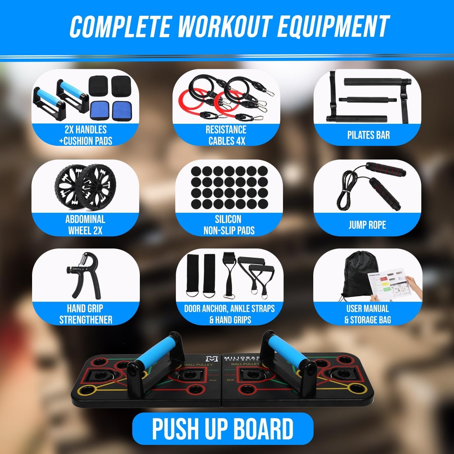 Push up Board Exercise Equipment by  - at Home Workout Equipment - Includes Resistance Bands Set, Ab Roller Wheel, Pilates Bar - Full Body Workout for Men & Women, Gift for Boyfriend