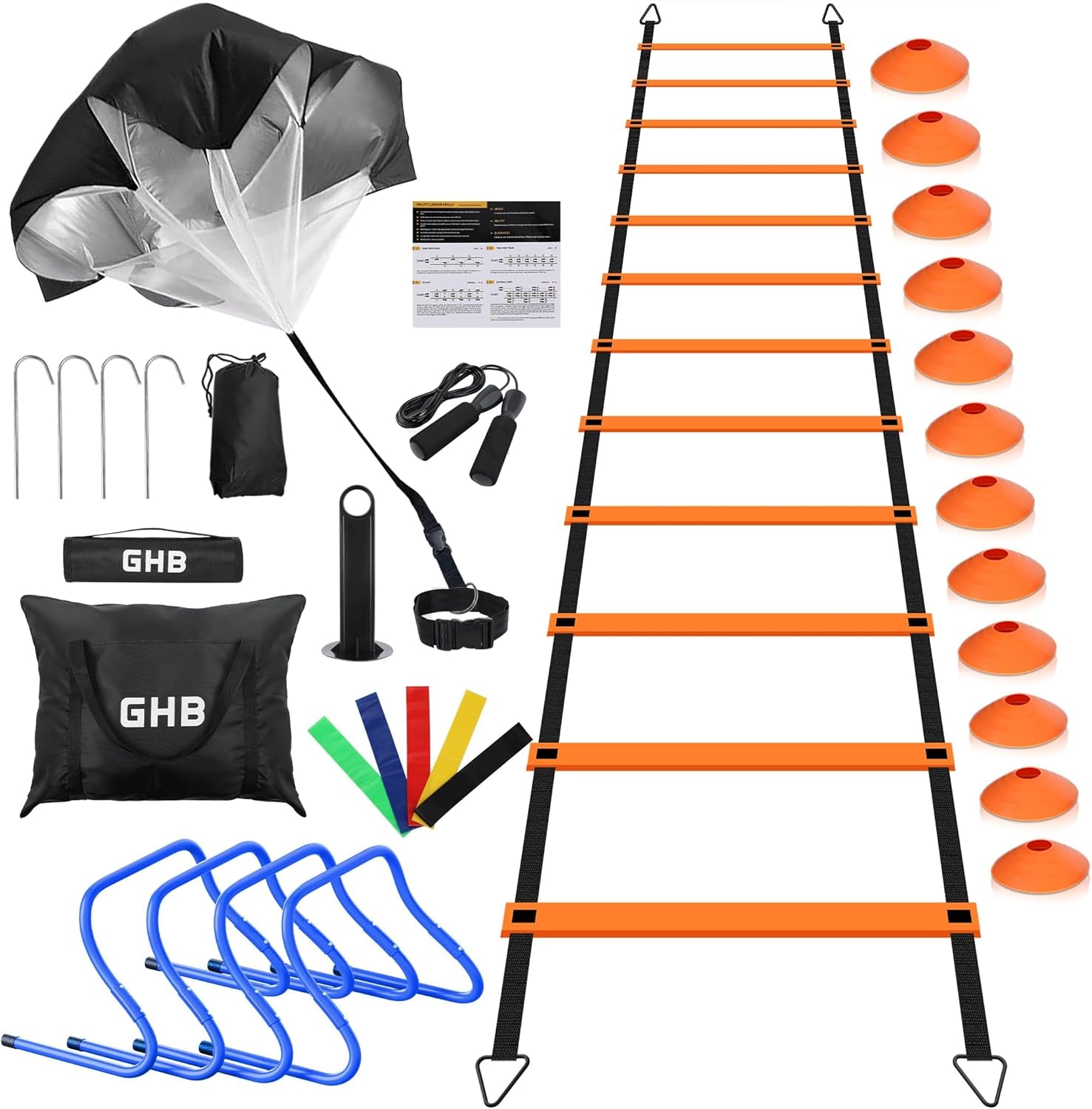 Agility Ladder,Football Training Equipment Set,4 Agility Hurdles, 20 Feet12 Rungs Speed Ladder,12 Disc Cones,Resistance Parachute, Jump Rope, 4 Resistance Bands