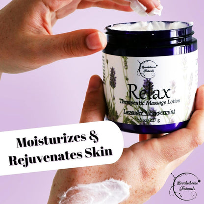 Relax Therapeutic Massage Lotion – All Natural Enriched with Lavender & Peppermint Essential Oils Perfect for Massage Therapy - Massage Cream for Full Body Massage -  8Oz