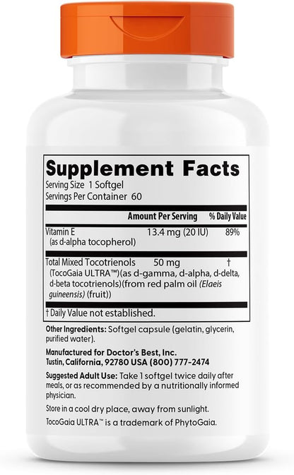 Vitamin E Tocotrienols Contains Tocogaia ULTRA™ Bioenhanced Full Spectrum Vitamin E Complex, 60 Count