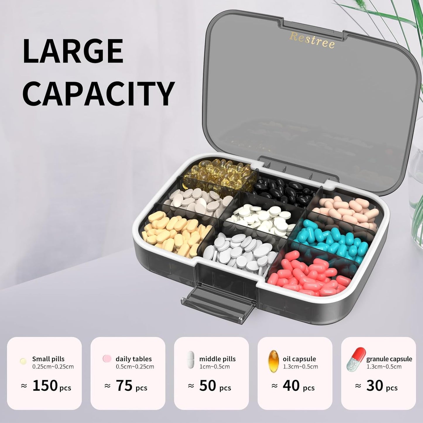 Large Pill Organizer, Daily Pill Box, Portable Medicine Dispenser, Moisture-Proof Travel Pill Case for Vitamin, Medicine, Fish Oil/Supplements 9 Compartments (Black)