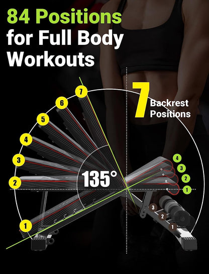 Adjustable Weight Bench for Full Body Workout; Foldable Bench Press Bench of Home Gym Strength Training; Incline Decline Flat Utility Workout Bench with Quick Folding& Fast Adjustment (Black)