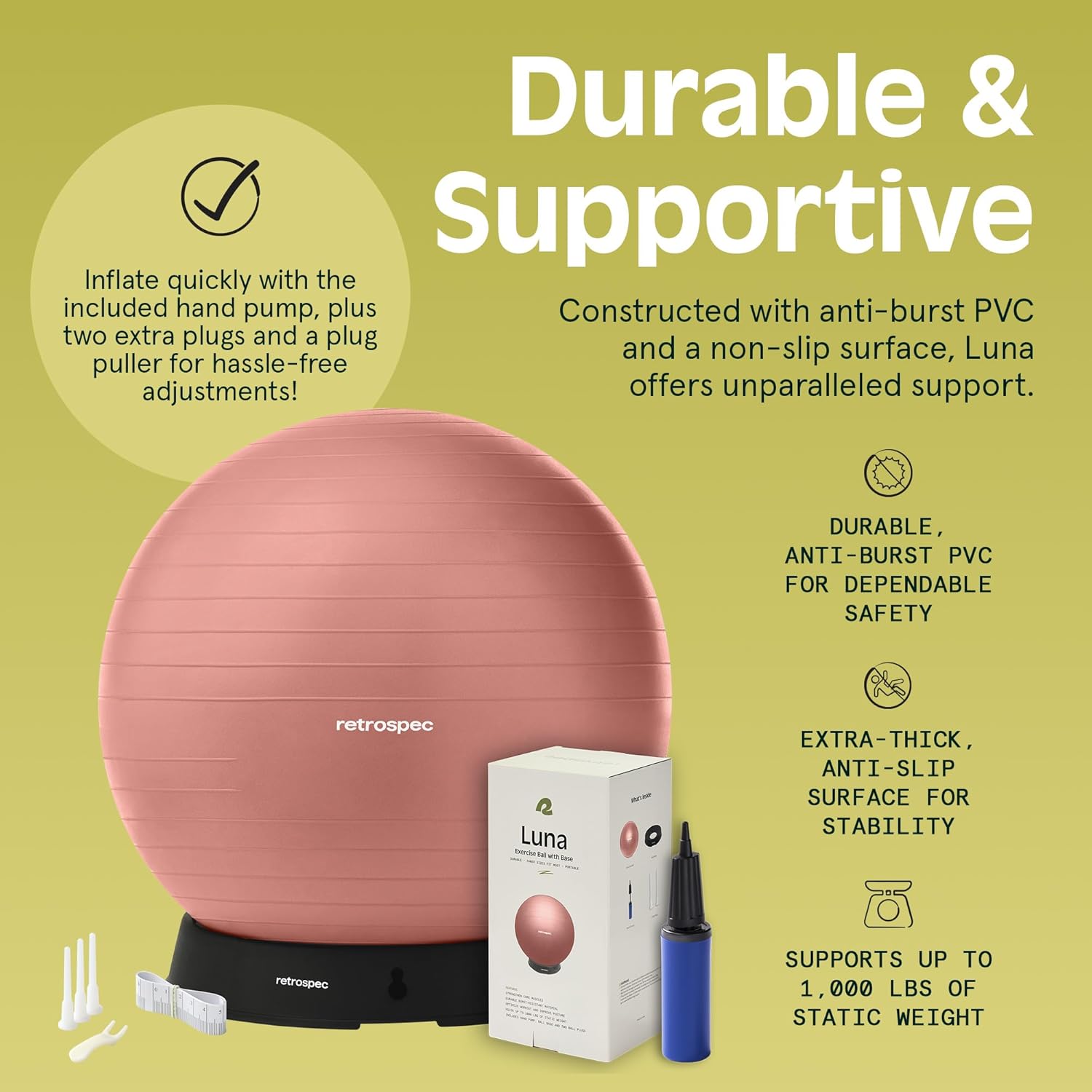 Luna Exercise Ball, Base & Pump/Ball & Pump with Anti-Burst Material - Fitness Gym Swiss Ball - Perfect for Balance, Stability, Yoga, Pilates, Pregnancy & Birthing