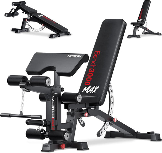 Keppifitness Adjustable Weight Bench, Bench3000 MAX Heavy Duty Workout Bench Press with Leg Extension and Preacher Pad for Home Gym Fitness, Flat Incline Decline Sit up Bench