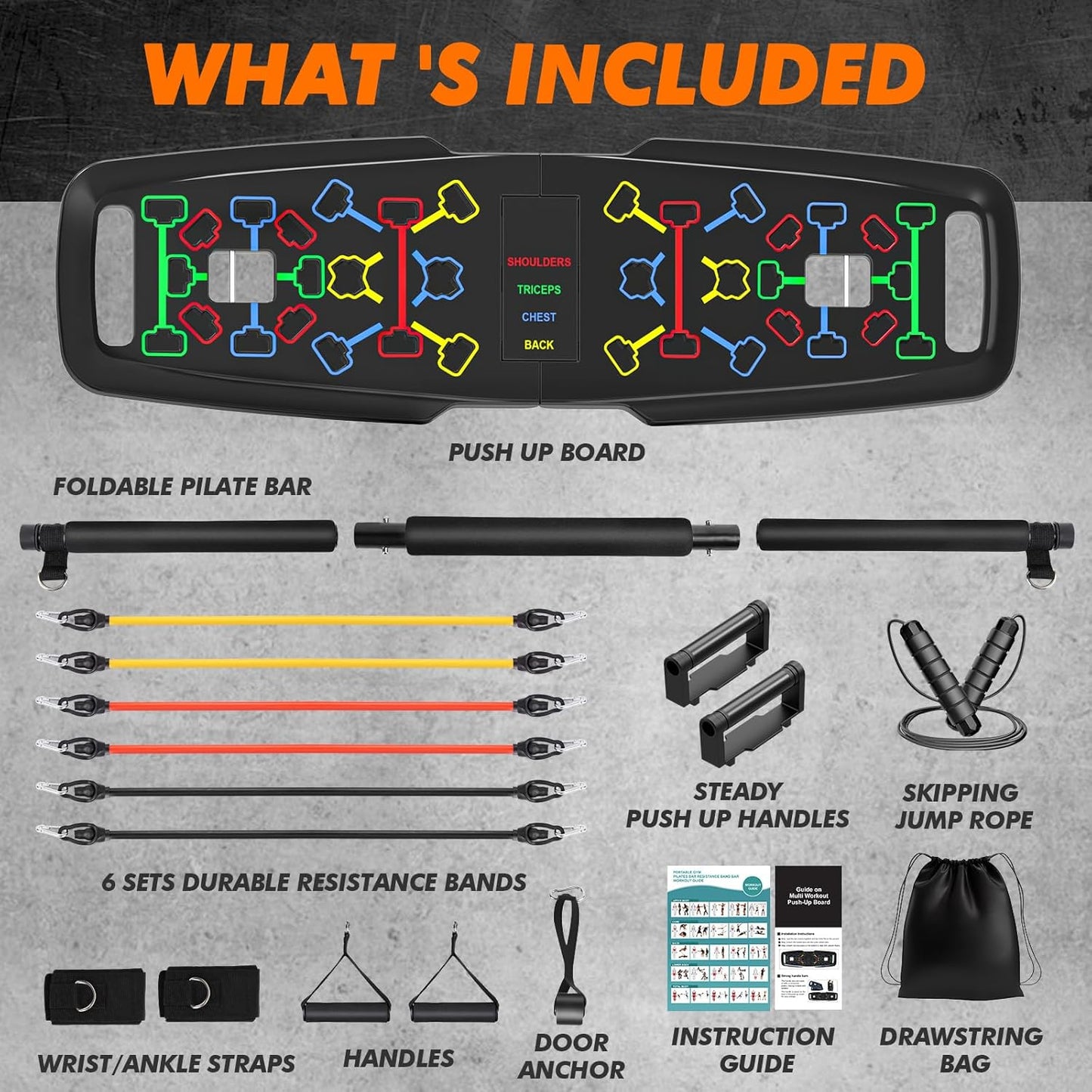 Portable Home Gym Workout Equipment, Push up Board, Pilates Bar & Fitness Accessories with Resistance Bands for Upper Body Strength Training Full Body Workout at Home