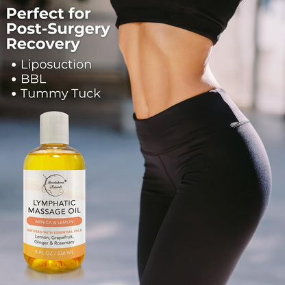 Lymphatic Massage Oil for Massage Therapy | 100% Natural Lymphatic Drainage Oil | Premium Quality with Arnica, Lemon & Ginger | for Post Surgery Recovery & Detox | 8Oz by