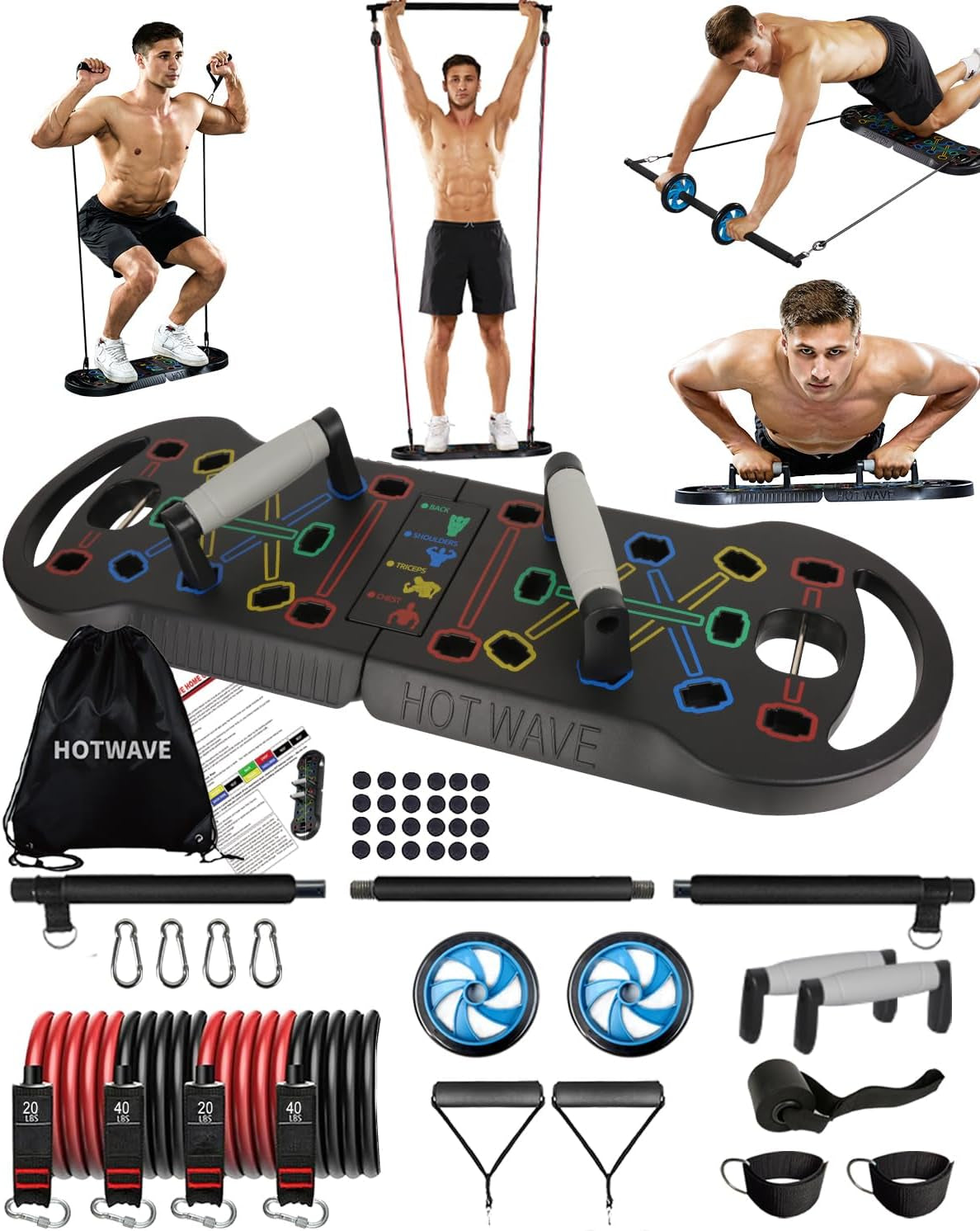 Portable Exercise Equipment with 16 Gym Accessories.20 in 1 Push up Board Fitness,Resistance Bands with Ab Roller Wheel,Full Body Workout at Home