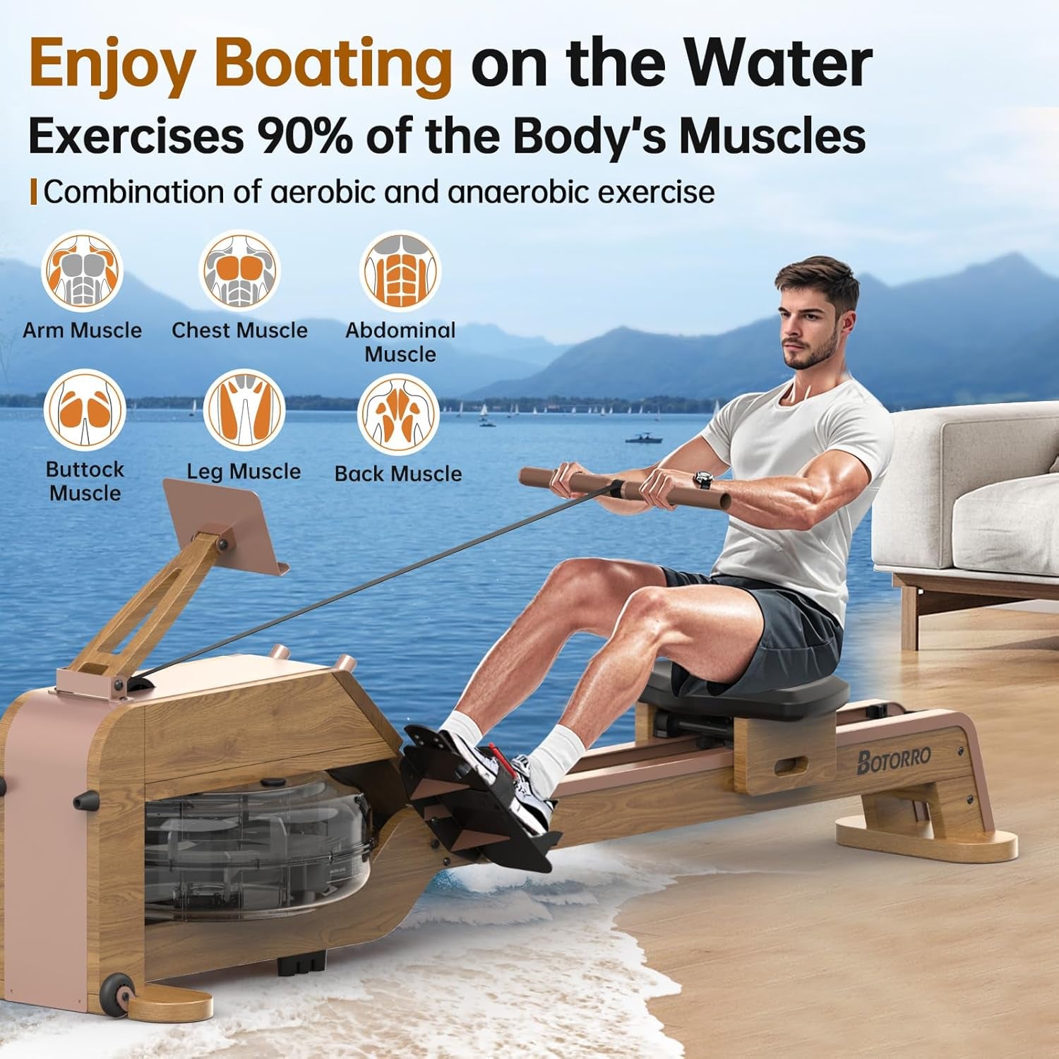Water Rowing Machines for Home, Rower Machine with 12 Propellers & 28L Large Water Tank, 6-Level Resistance, with Multifunctional Display and Adjustable Stand, Max Load 330LBS