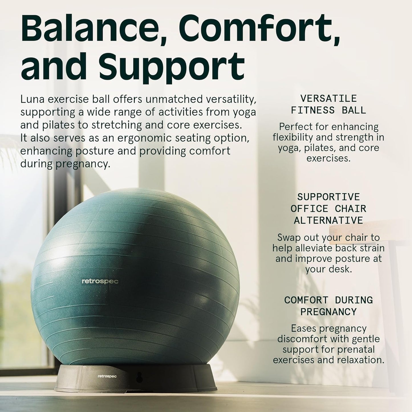 Luna Exercise Ball, Base & Pump/Ball & Pump with Anti-Burst Material - Fitness Gym Swiss Ball - Perfect for Balance, Stability, Yoga, Pilates, Pregnancy & Birthing