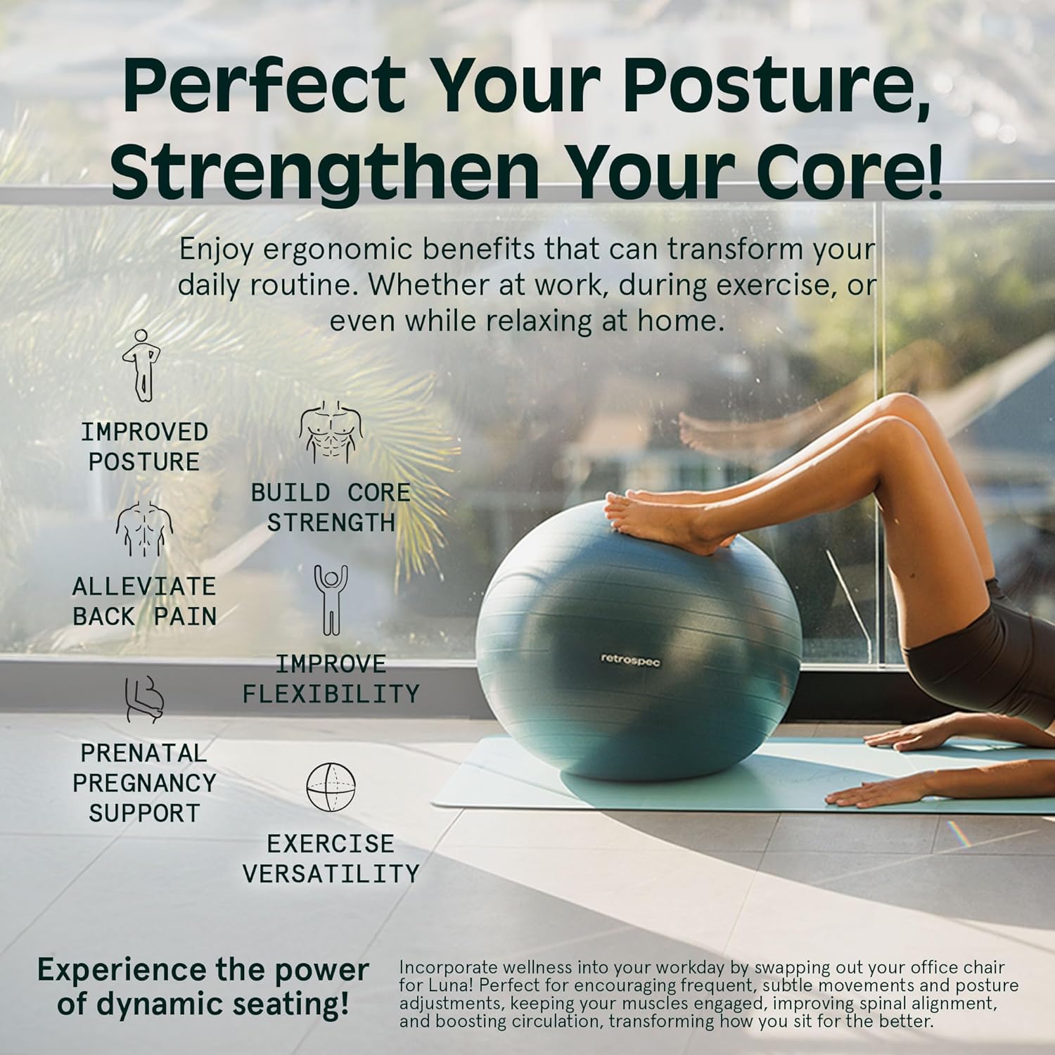 Luna Exercise Ball, Base & Pump/Ball & Pump with Anti-Burst Material - Fitness Gym Swiss Ball - Perfect for Balance, Stability, Yoga, Pilates, Pregnancy & Birthing