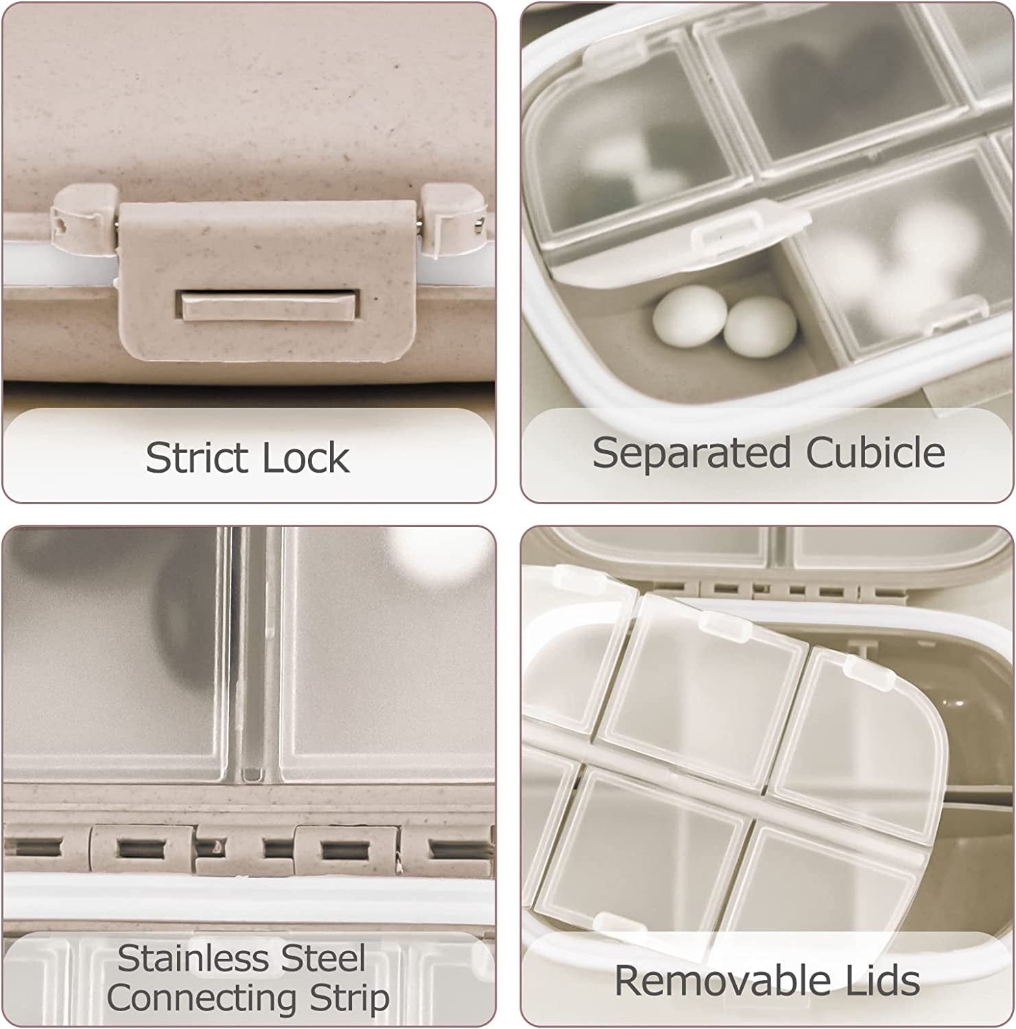 1Pack Travel Pill Organizer, 8 Compartments Portable Pill Case, Small Pill Box for Pocket Purse Portable Medicine Vitamin Container Beige