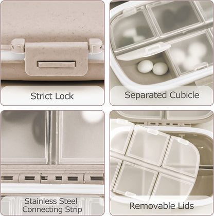 1Pack Travel Pill Organizer, 8 Compartments Portable Pill Case, Small Pill Box for Pocket Purse Portable Medicine Vitamin Container Beige