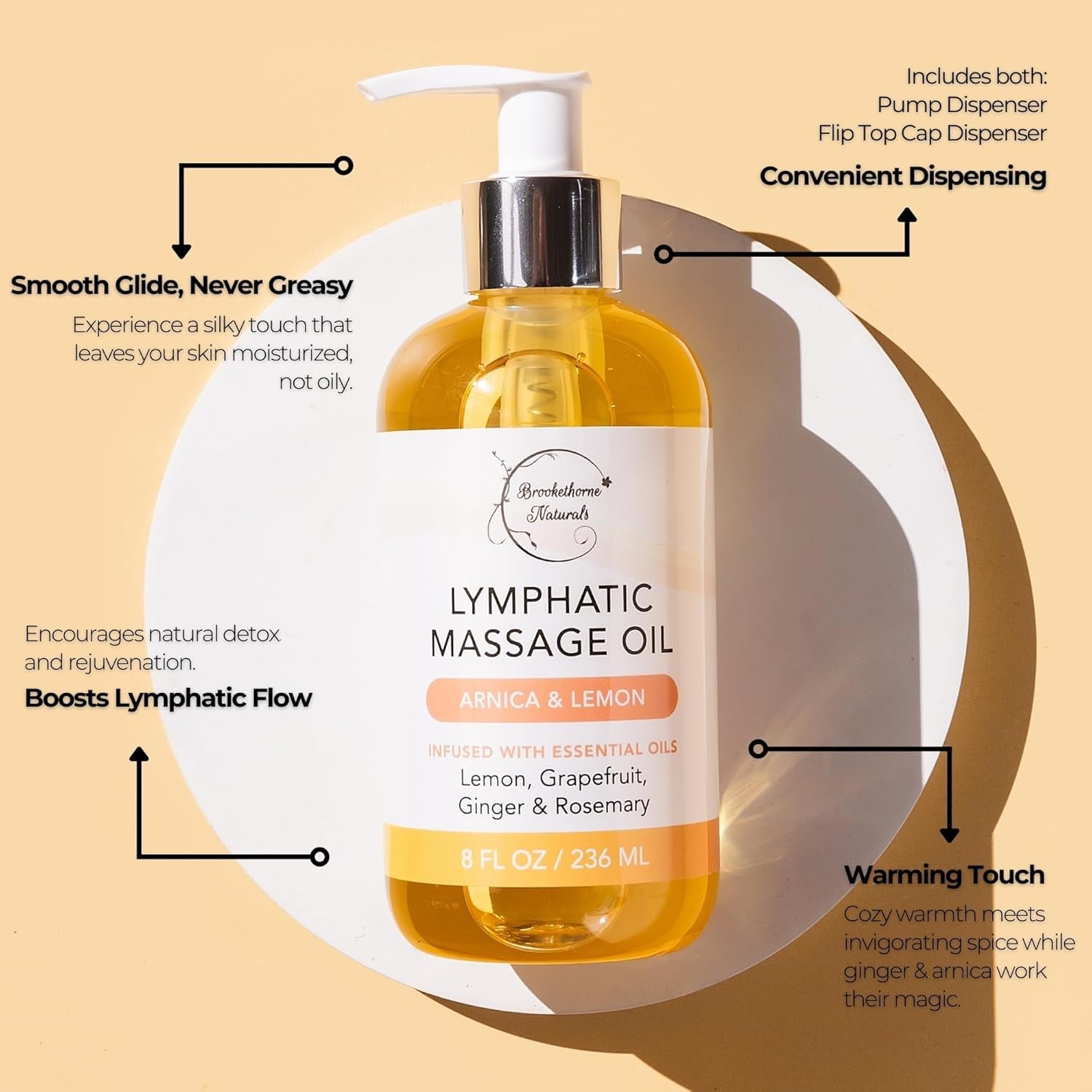 Lymphatic Massage Oil for Massage Therapy | 100% Natural Lymphatic Drainage Oil | Premium Quality with Arnica, Lemon & Ginger | for Post Surgery Recovery & Detox | 8Oz by