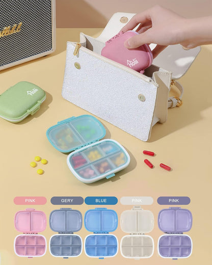 Travel Pill Organizer, 8 Compartments Portable Pill Case, Daily Pill Box to Hold Vitamins, Small Pill Container for Pocket Purse Medicine Organizer（Khaki）