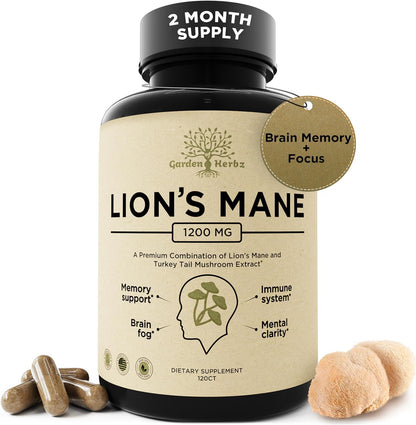 Lions Mane Supplement Capsules with Turkey Tail – Nootropic Brain Fog, Focus, Memory, Nerve Function, & Immune Support Supplement – Non-Gmo 1200 Mg Lions Mane Mushroom Supplement, 120 Caps.