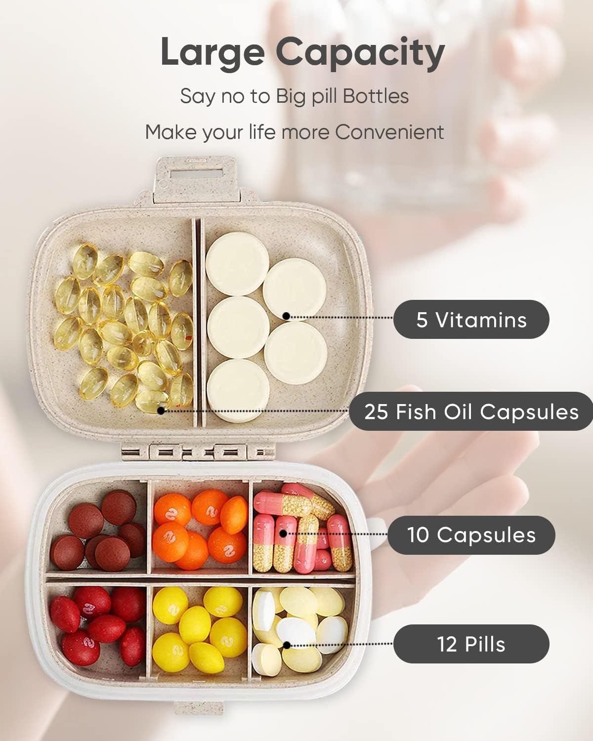 Travel Pill Organizer, 8 Compartments Portable Pill Case, Daily Pill Box to Hold Vitamins, Small Pill Container for Pocket Purse Medicine Organizer（Khaki）