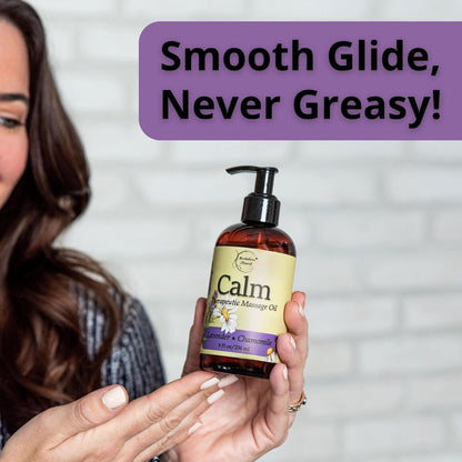 Calm Massage Oil for Massage Therapy with Lavender & Chamomile Essential Oils to Relax Sore Muscles | All Natural with Coconut, Grapeseed & Jojoba for Smooth Skin |  8Oz