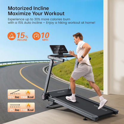Foldable Treadmill with 15% Auto Incline & 10MPH - Commercial 3.5HP Brushless Quiet, 18"X48" Wide Running Deck, Walking Pad Treadmill for Home Gym Office, 350Lbs Capacity, APP - No Installation