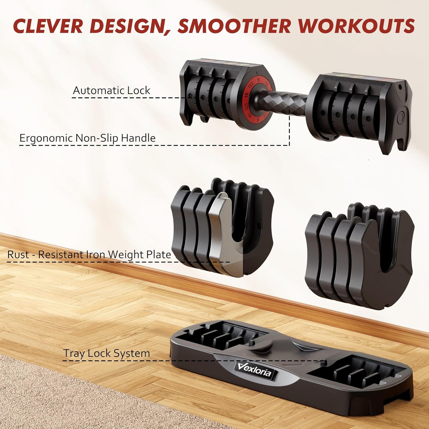 Adjustable Dumbbell Set, 22.5Lb 5-In-1 Quick Adjust Dumbbell, Free Weights with Storage Tray for Home Gym, Full Body Workout Equipment for Men & Women