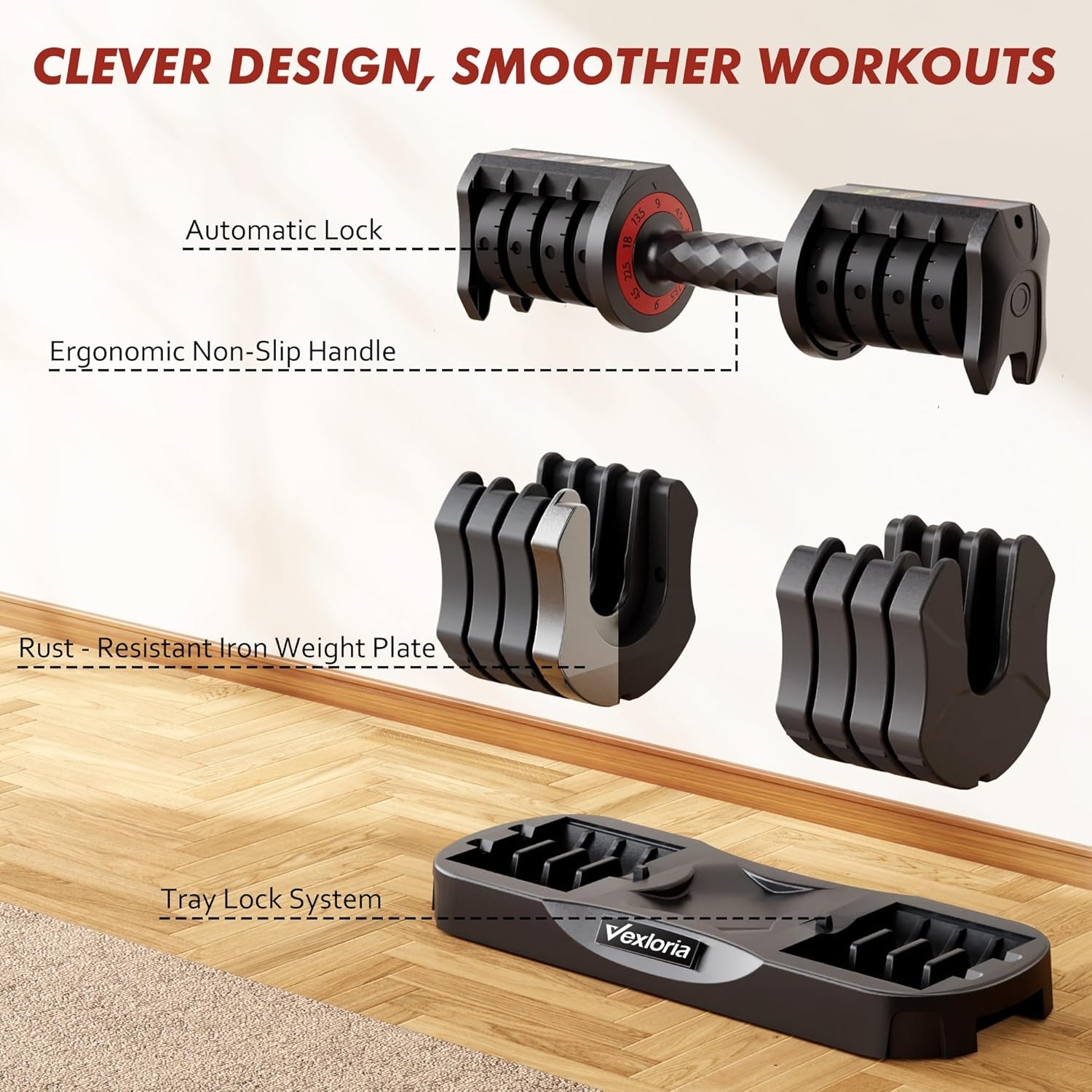 Adjustable Dumbbell Set, 22.5Lb 5-In-1 Quick Adjust Dumbbell, Free Weights with Storage Tray for Home Gym, Full Body Workout Equipment for Men & Women