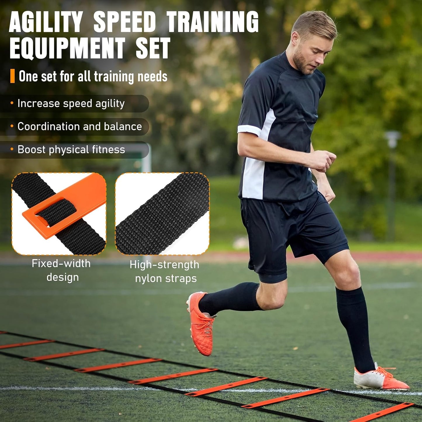 Agility Ladder Speed Training Equipment Set-20Ft Agility Ladder,12 Soccer Cones,4 Hurdles, Jump Rope, Running Parachute, Basketball Football Soccer Training Equipment for Kids, Youth, Adults