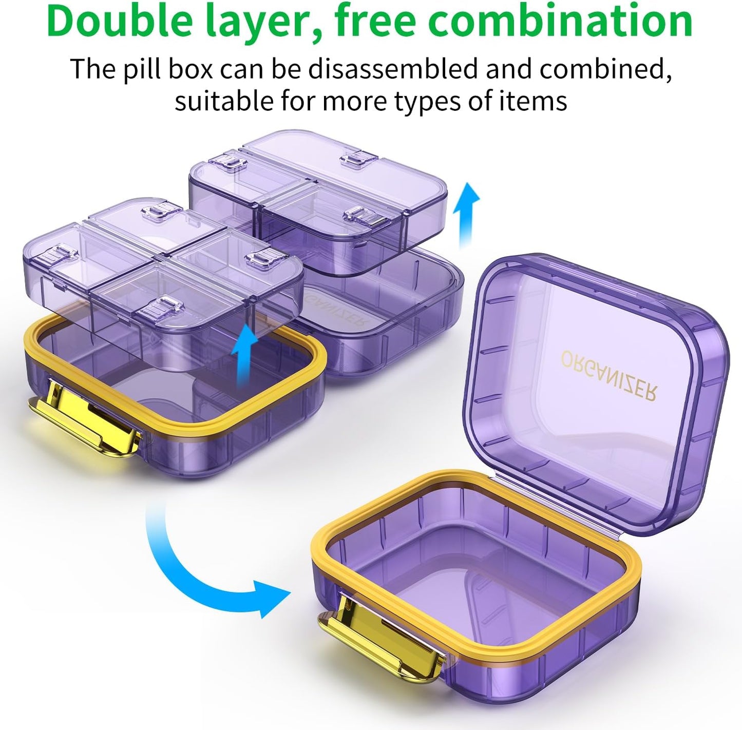 7 Compartment Travel Pill Box, Pill Organizer Moisture Proof Mini Pill Case, Small Pill Box for Pocket Purse, Daily Portable Medicine Vitamin Box, Fish Oil Box, Supplement Box (Purple)
