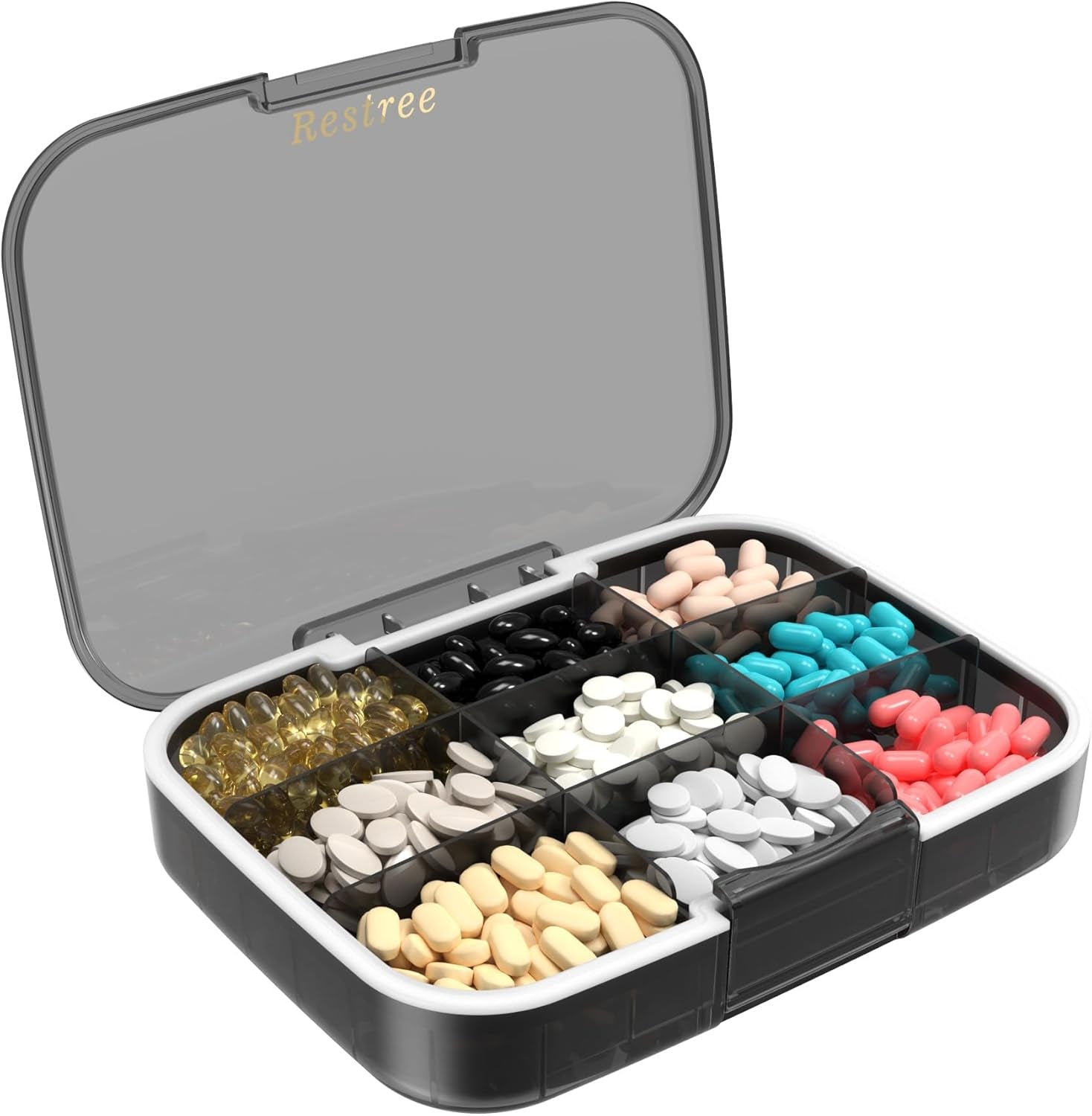 Large Pill Organizer, Daily Pill Box, Portable Medicine Dispenser, Moisture-Proof Travel Pill Case for Vitamin, Medicine, Fish Oil/Supplements 9 Compartments (Black)