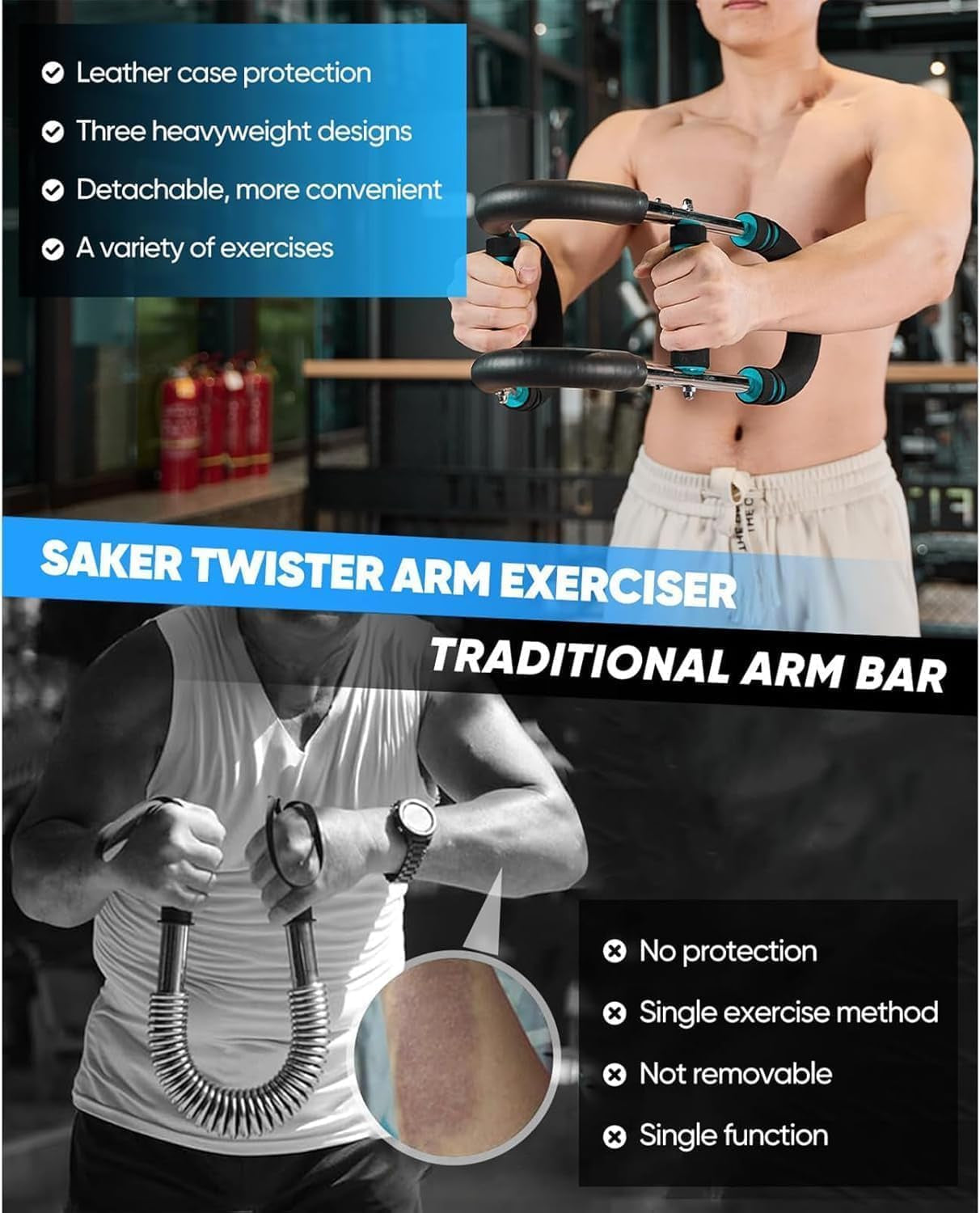 Saker Twister Arm Trainer, 40-100Lb Adjustable Chest Workout Equipment Power Twist Arm Trainer, Forearm Strengthener, Portable Spring Resistance for Home Fitness