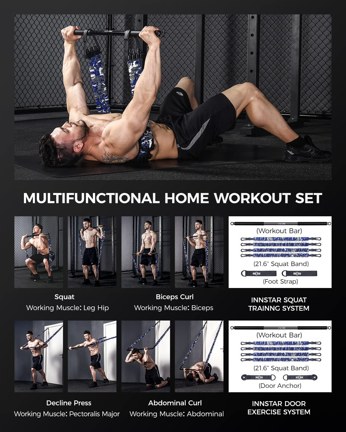 Resistance Bands Bar Exercise Bands Attachment 38" Black Max Load 800Lb for Home Gym Workout Full Body Workout Power Lifting Fitness Bar