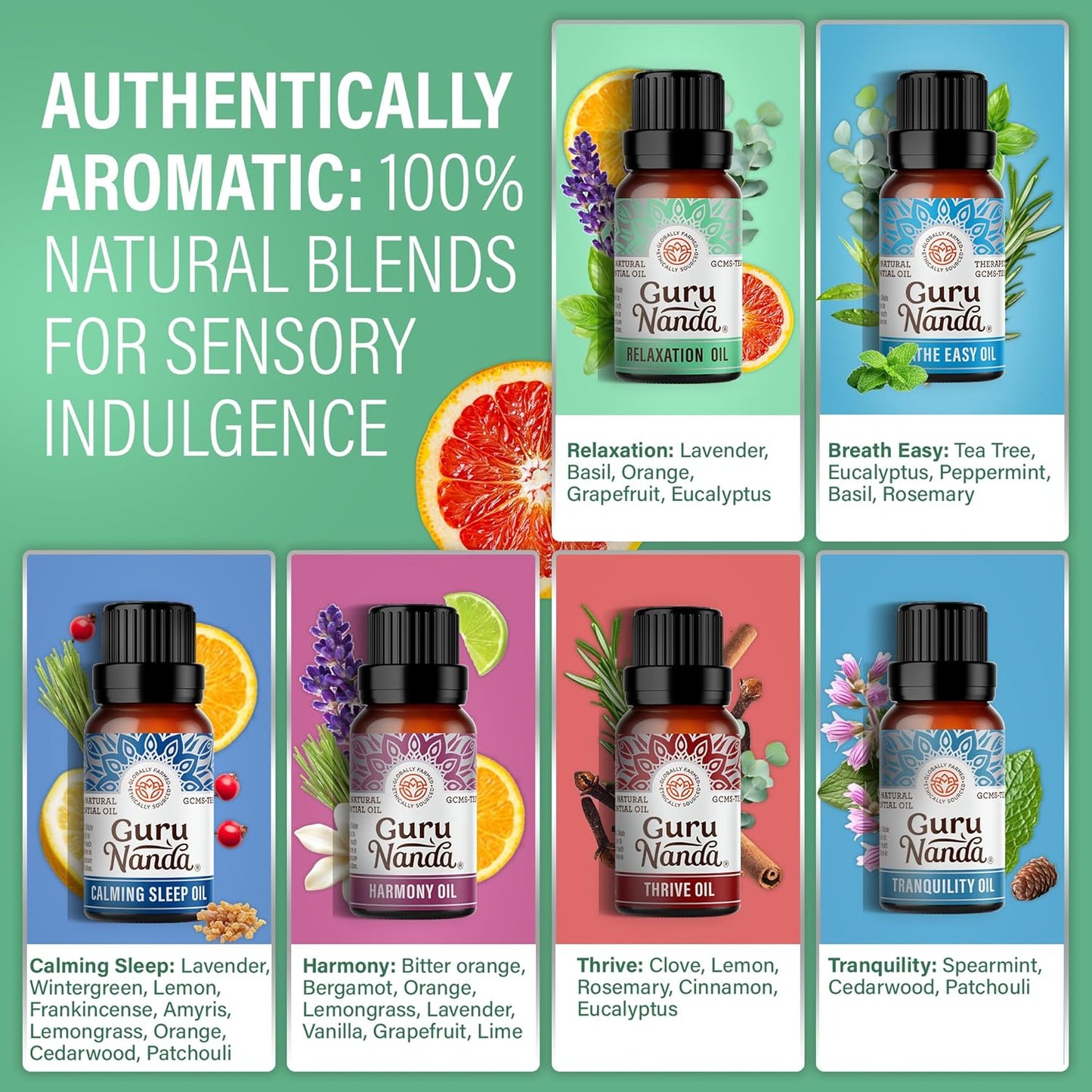Essential Oil Blends (Set of 6) - Natural Essential Oil Set, Aromatherapy Oil Blends for Diffusers - Breathe Easy, Tranquility, Harmony, Calming Sleep, Relaxation & Thrive