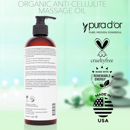 16 Oz Organic Anti-Cellulite Massage Oil - Lemon Peel, Moringa, Grape Seed, Grapefruit & Eucalyptus Oils - Skin Firming & Tightening for Active Individuals & Aging Adults