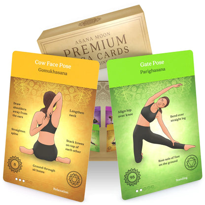 Asana Moon Premium Yoga Cards for Beginners – Yoga kit and Workout Set for Beginners and Teens – 62 Card Yoga Sequence Deck with Alignment cues and Sanskrit Names – Alternative for a Yoga Book