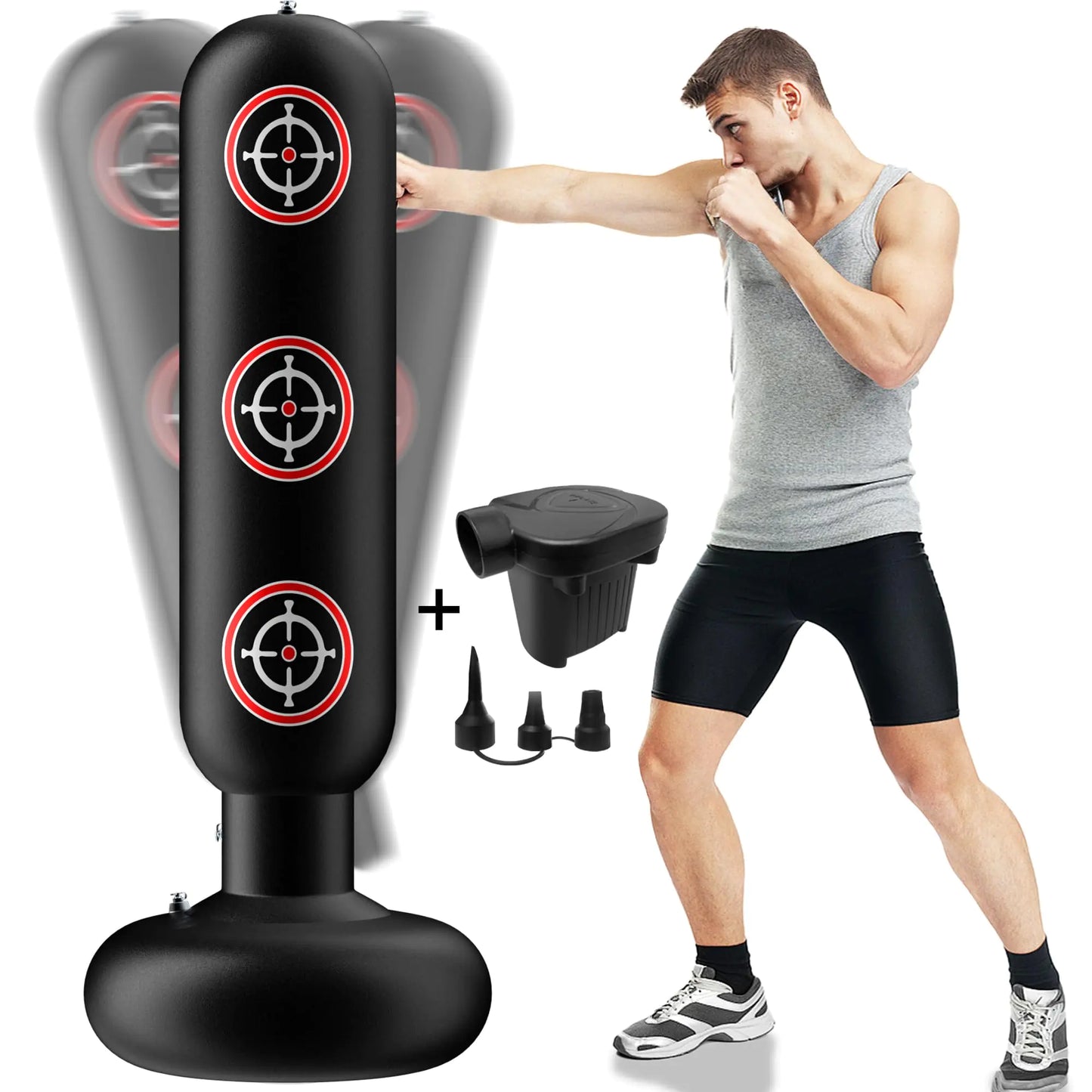WITHSTAR Heavy Punching Bag with Stand Adults Teens 63" Freestanding Punching Bag with Electric Air PumpStanding Inflatable Boxing Bag(Black)