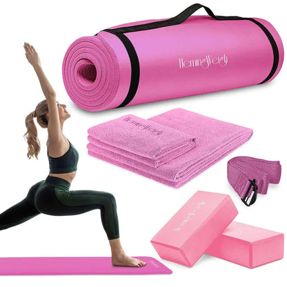 HemingWeigh pink yoga mat set yoga kit 1/2 Inch Thick yoga mat pink style with pink accessories