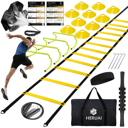 Agility Ladder Speed Training Equipment Set 20ft Speed Ladder 4 Hurdles 10 Speed Cones Running Parachute Football Basketball Soccer Training Equipment for Kids Youth Adults - Enhance Speed