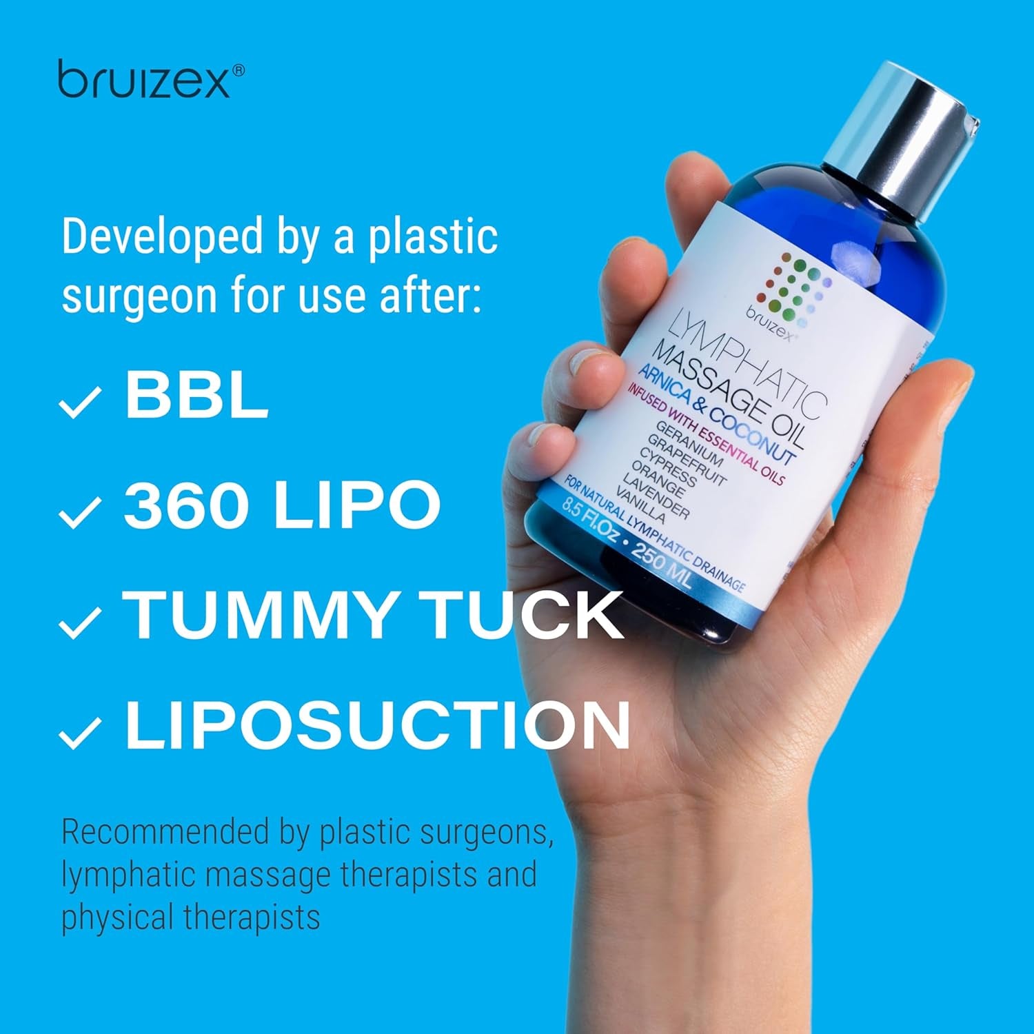 Lymphatic Drainage Massage Oil with Arnica Oil & Coconut for Post Surgery Recovery & Lymphatic Drainage Massager, Liposuction, 360 Lipo, BBL, after Tummy Tuck Surgery Items, Fibrosis Treatment, 8.5 Oz