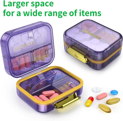 7 Compartment Travel Pill Box, Pill Organizer Moisture Proof Mini Pill Case, Small Pill Box for Pocket Purse, Daily Portable Medicine Vitamin Box, Fish Oil Box, Supplement Box (Purple)