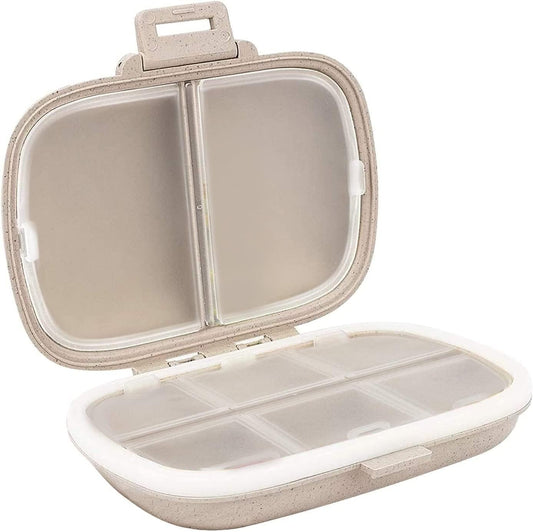 Travel Pill Organizer, 8 Compartments Portable Pill Case, Daily Pill Box to Hold Vitamins, Small Pill Container for Pocket Purse Medicine Organizer（Khaki）