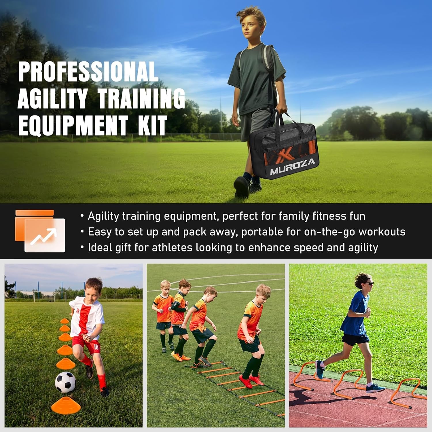 Agility Ladder Speed Training Equipment Set-20Ft Agility Ladder,12 Soccer Cones,4 Hurdles, Jump Rope, Running Parachute, Basketball Football Soccer Training Equipment for Kids, Youth, Adults