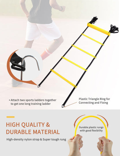 Agility Ladder,Football Training Equipment Set,4 Agility Hurdles, 20 Feet12 Rungs Speed Ladder,12 Disc Cones,Resistance Parachute, Jump Rope, 4 Resistance Bands