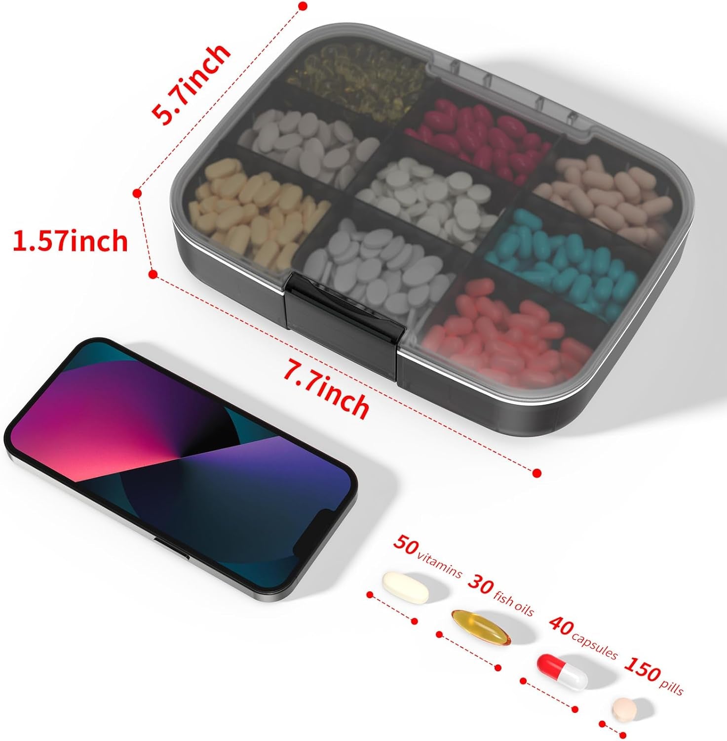 Large Pill Organizer, Daily Pill Box, Portable Medicine Dispenser, Moisture-Proof Travel Pill Case for Vitamin, Medicine, Fish Oil/Supplements 9 Compartments (Black)