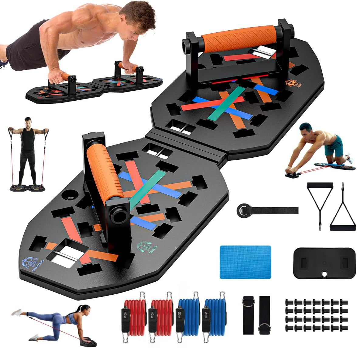 Push up Board Fitness, Portable Foldable Exercise Equipment, Fitness Accessories with Resistance Bands Skateboard, Professional Strength Training Equipment for Men Women