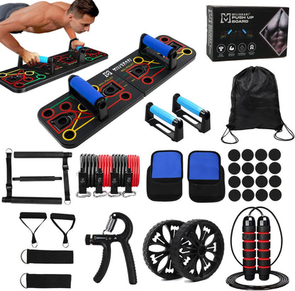 Push up Board Exercise Equipment by  - at Home Workout Equipment - Includes Resistance Bands Set, Ab Roller Wheel, Pilates Bar - Full Body Workout for Men & Women, Gift for Boyfriend