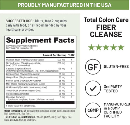Total Colon Care Fiber Cleanse - Natural Laxative Blend - Herbal Laxatives, Prebiotics, & Enzymes for Regularity, Digestion, Weight & Gut Health - Non-Gmo - 60 Capsules[30-Day Supply]