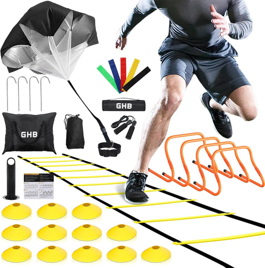 Agility Ladder,Football Training Equipment Set,4 Agility Hurdles, 20 Feet12 Rungs Speed Ladder,12 Disc Cones,Resistance Parachute, Jump Rope, 4 Resistance Bands