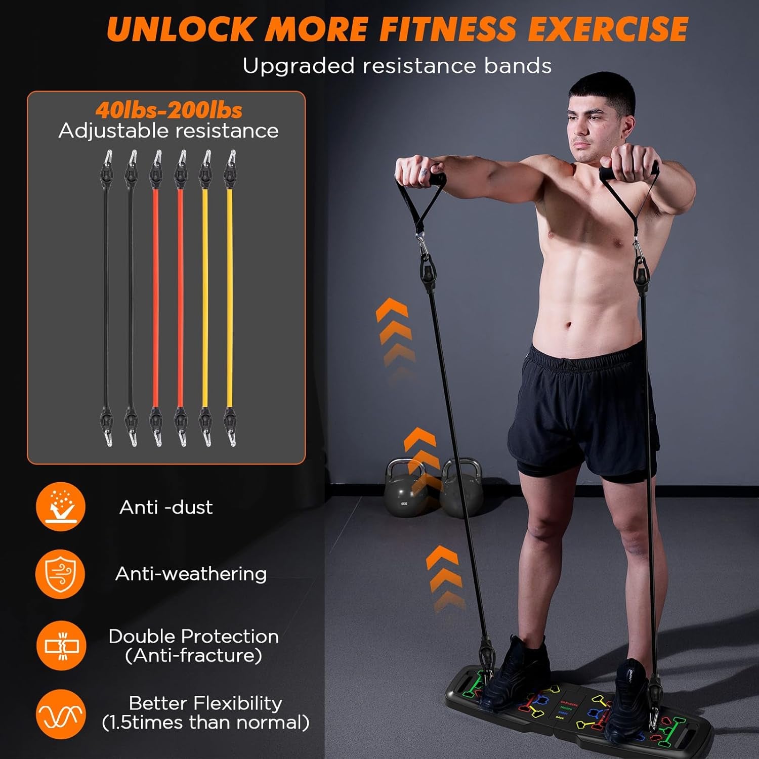 Portable Home Gym Workout Equipment, Push up Board, Pilates Bar & Fitness Accessories with Resistance Bands for Upper Body Strength Training Full Body Workout at Home