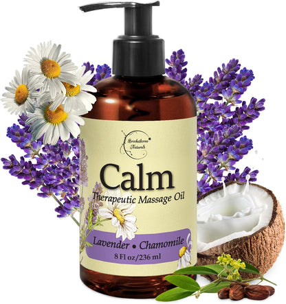 Calm Massage Oil for Massage Therapy with Lavender & Chamomile Essential Oils to Relax Sore Muscles | All Natural with Coconut, Grapeseed & Jojoba for Smooth Skin |  8Oz