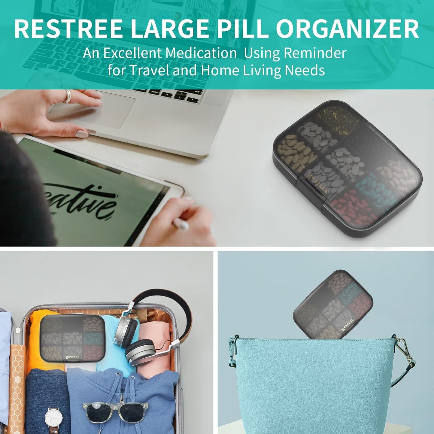 Large Pill Organizer, Daily Pill Box, Portable Medicine Dispenser, Moisture-Proof Travel Pill Case for Vitamin, Medicine, Fish Oil/Supplements 9 Compartments (Black)