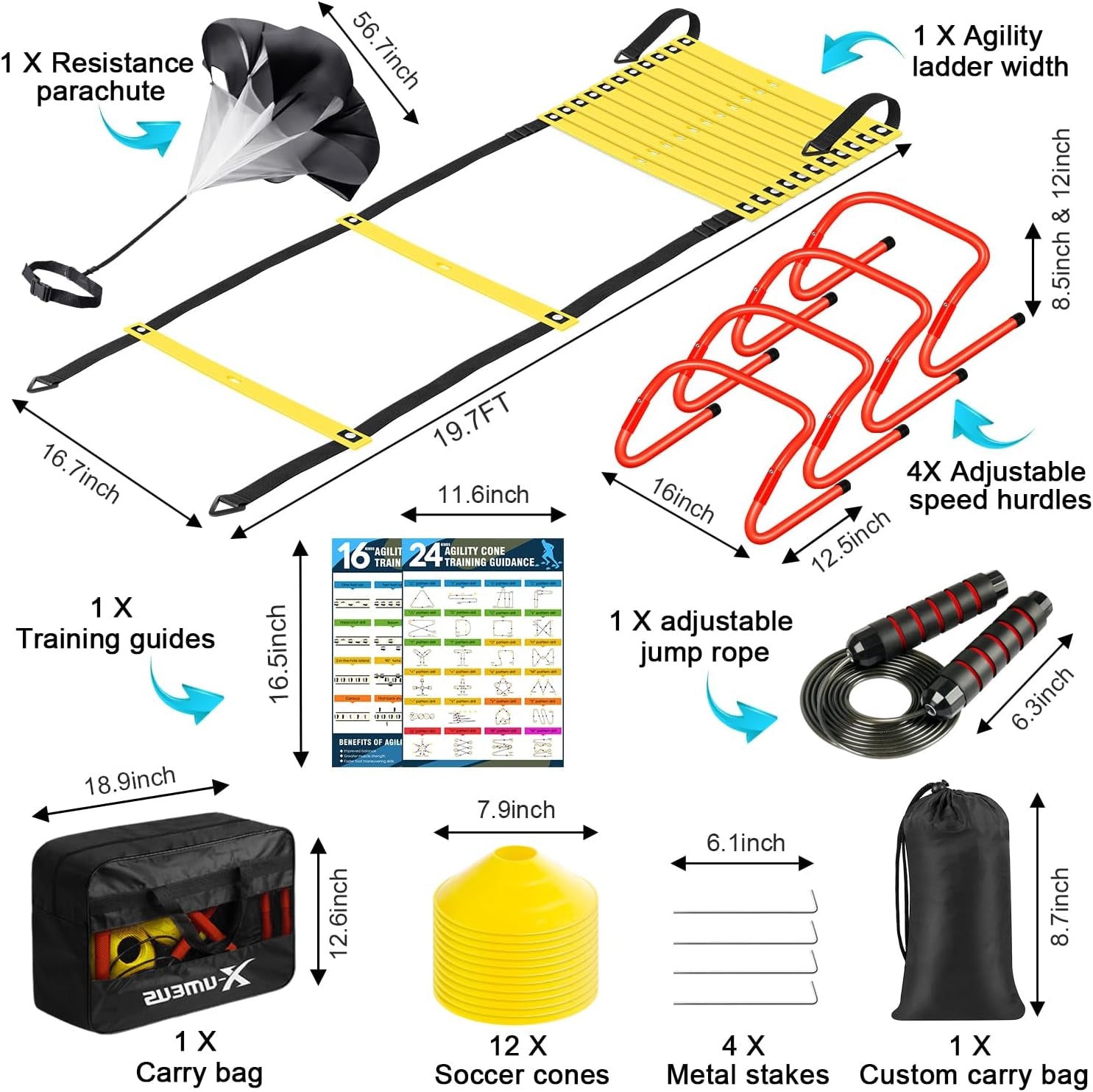 Agility Ladder Speed Training Equipment Set-20Ft Agility Ladder,12 Soccer Cones,4 Hurdles, Jump Rope, Running Parachute| Basketball Football Soccer Training Equipment for Kids Youth Adults