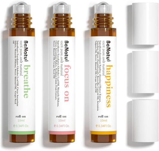 Essential Oil Blends Set (Breathe, Focus On, Happiness), Natural Aromatherapy Roll on for Massage, Body Skin Care, Home - Natural Fragrance Gift Roller for Women and Men